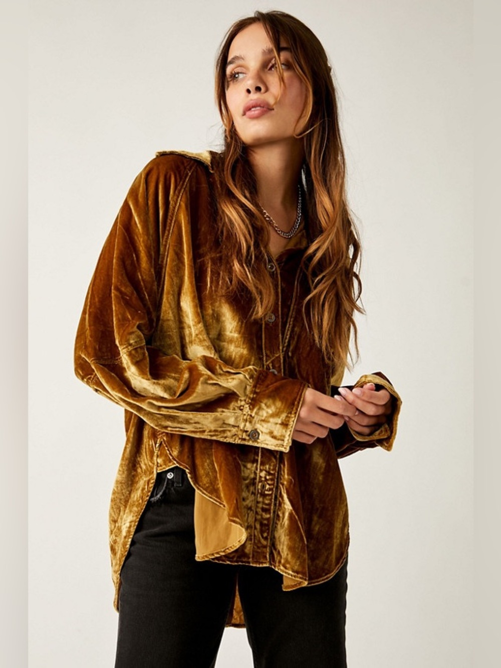 Free People Night Skies Crushed Velvet Button-Up Shirt in Golden Brown